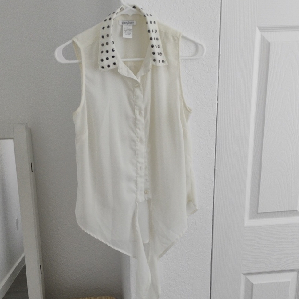 White Sleeveless Asymmetrical Blouse with Dress Shirt Collar